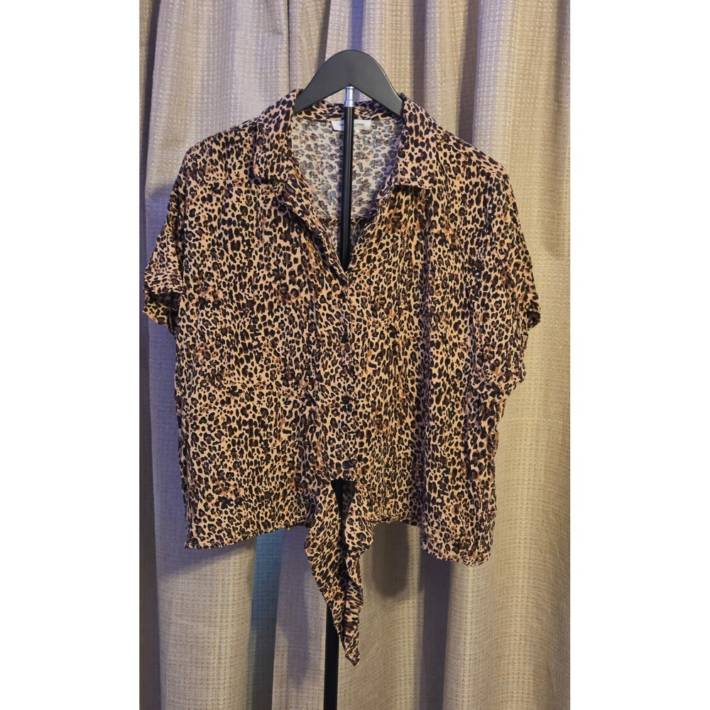 Beachlunchloungeâ Short Sleeve Leopard Print Tie Front Shirt Women's Size XL